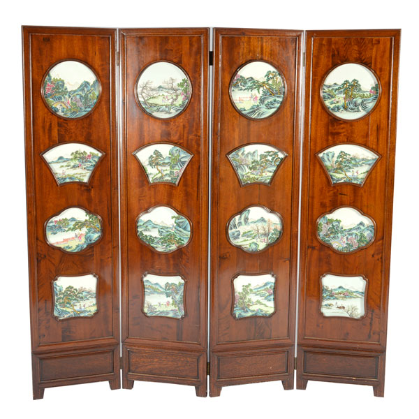 Four-panel wood screen with 16 porcelain plaques. Estimate: $8,000-$12,000. Michaan’s image