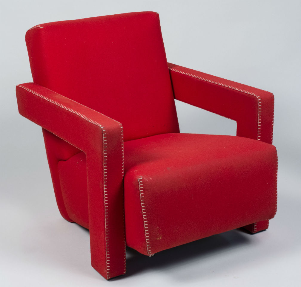 Cassina 637 Utrecht armchair, designed by Gerrit Thomas Rietveld (Dutch, 1888-1964), red fabric upholstery. Estimated value $800-$1,200. Capo Auction image