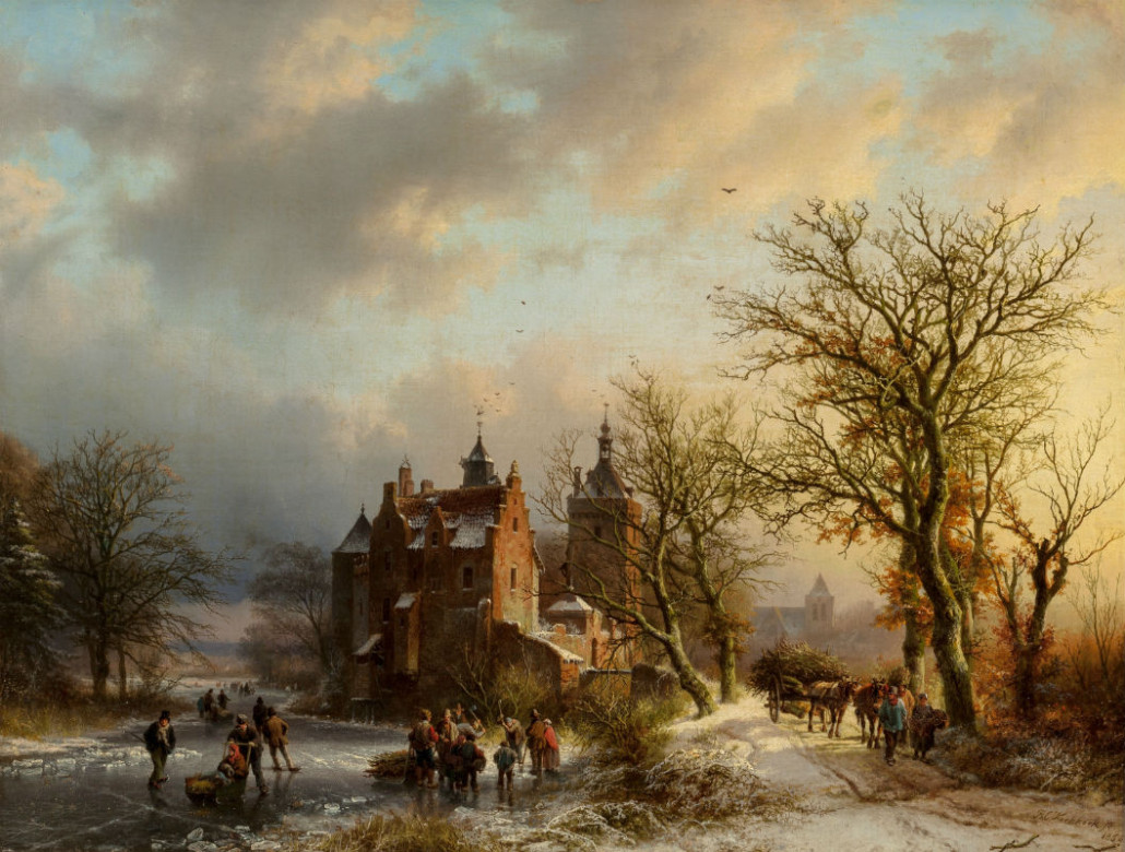 Barend Cornelis Koekkoek (Dutch, 1803-1862), ‘Winter landscape with wood gatherers and skaters, 1854.’ Oil on canvas, 20 x 26-1/4 inches. Estimate: $150,000-$250,000. Heritage Auctions image