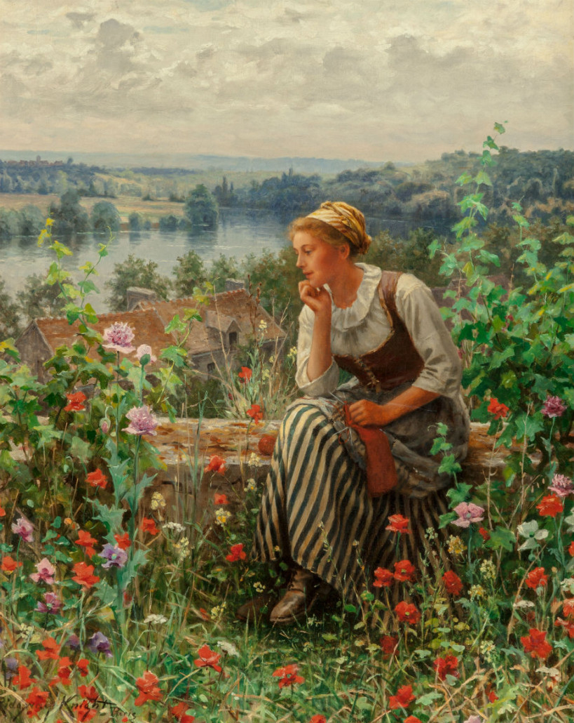 Daniel Ridgway Knight (American, 1839-1924), ‘Normandy girl sitting in a garden.’ Oil on canvas, 32 x 26 inches. Estimate: $70,000-$100,000. Heritage Auctions image