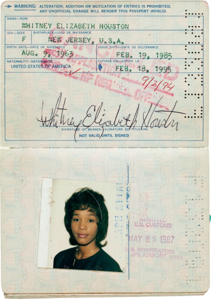 Whitney Houston, first U.S. passport, signed, 1985. Estimate: $1,600-$2,400. Heritage Auctions image 