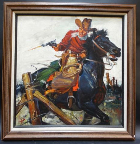 Lewis Ramsey, cowboy pulp cover painting. Estimate: $4,400–$6,050. Last Chance by LiveAuctioneers image