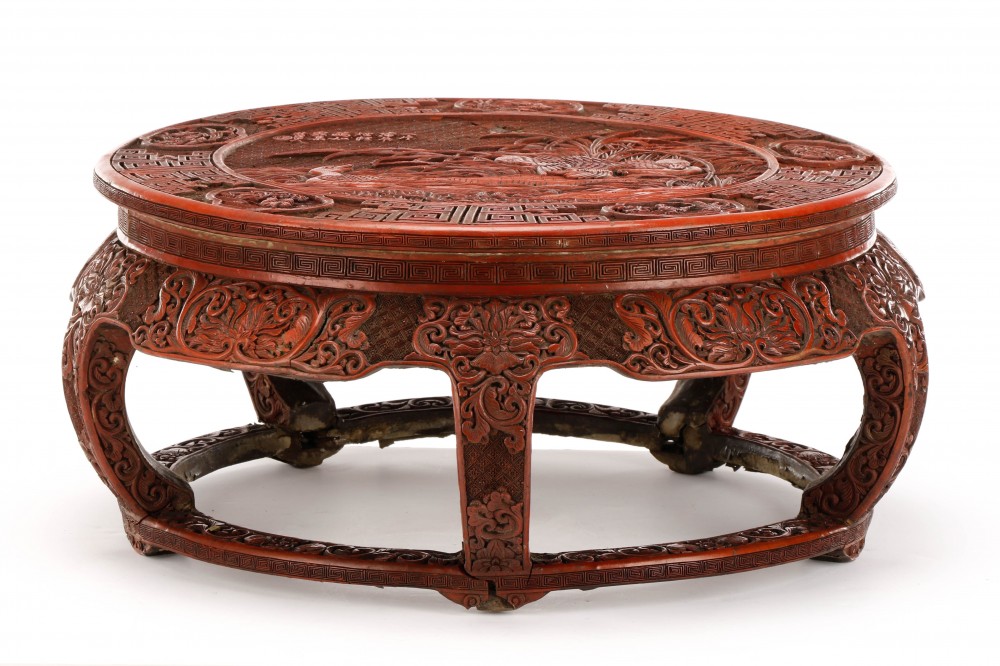 Qing Dynasty carved cinnabar lacquer censer table stand, 18 1/4 inches tall. Price realized: $4,500. Ahlers & Ogletree image