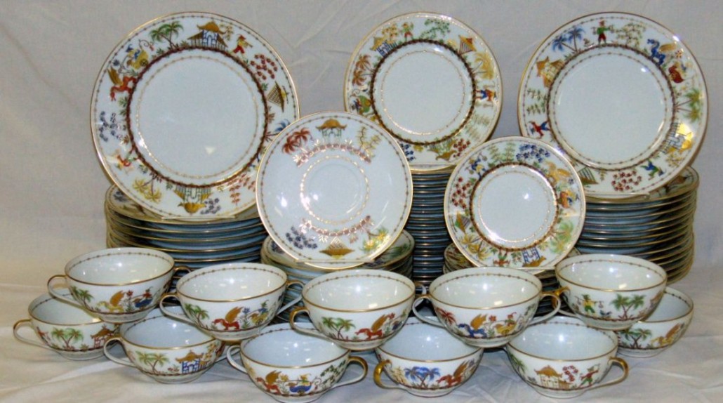 Gorgeous 81-piece Tiffany & Co. china set in the Cirque Chinois pattern, in excellent condition and of French private stock, Le Tallec. Price realized: $16,675. Philip Weiss Auctions image
