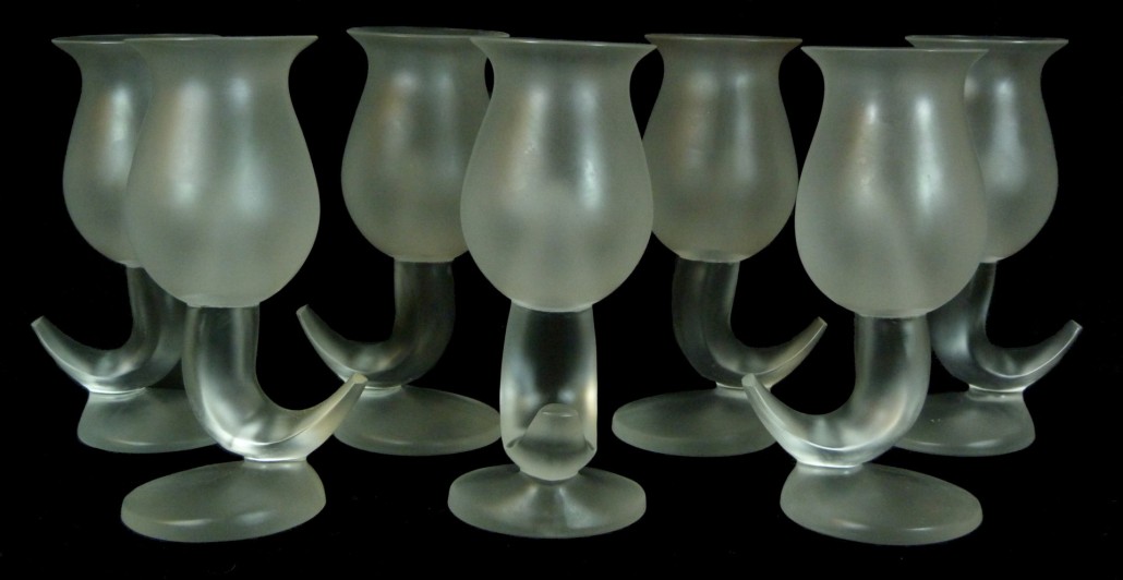 One lot comprising seven rare ‘Fish’ glass goblets, designed by architect Frank Gehry and manufactured by Amses Cosma Inc. (est. $4,000-$6,000). Antiques & Modern Auction Gallery image