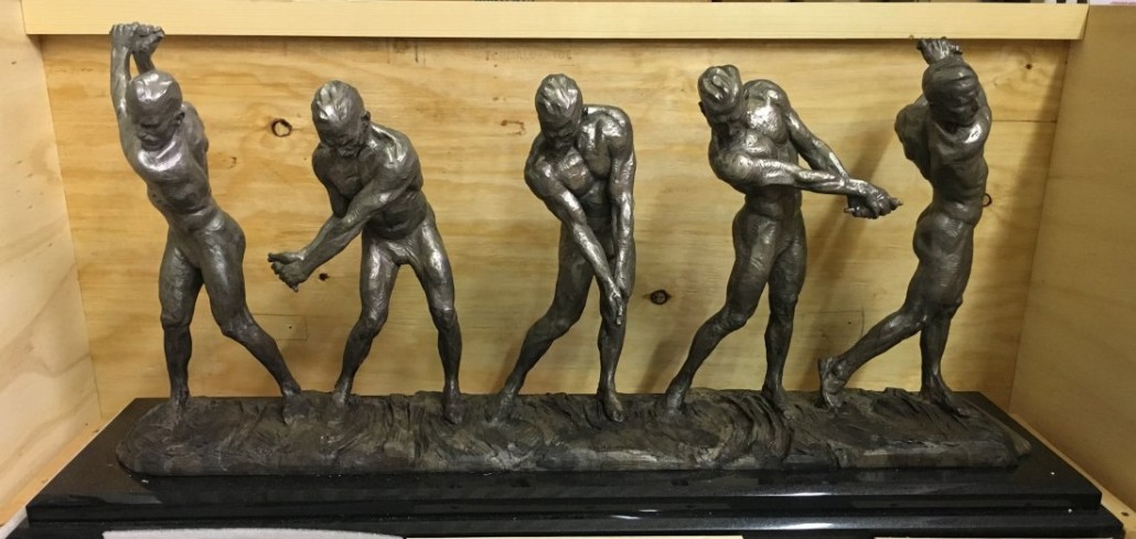 Four-foot-long multi-figure bronze by Richard MacDonald titled ‘Anatomy of a Golf Swing’ and made for the 100th playing of the US Open. Price realized: $9,900. Philip Weiss Auctions image