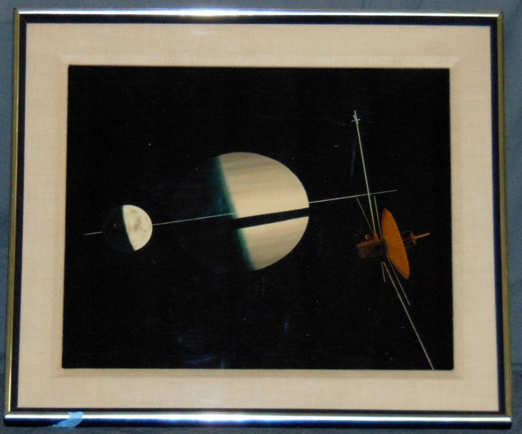 Original oil on board sci-fi painting by Chesley Bonestell titled ‘Rhea, Saturn & Spacecraft.' Price realized: $7,475. Philip Weiss Auctions image