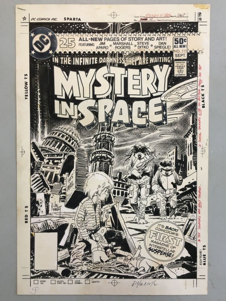 Joe Kubert’s original cover at for 'Mystery in Space #111' (DC Comics, Sept. 1980), signed and in excellent condition, sold for $6,038. Philip Wiess Auctions image