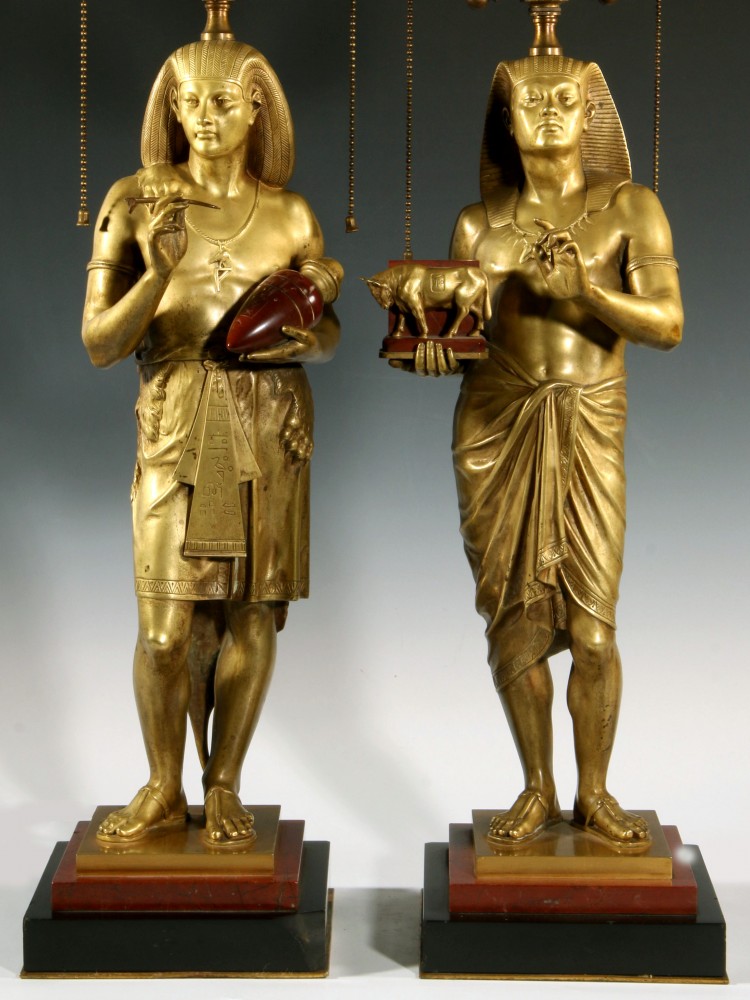 Pair of cast bronze standing figures in Egyptian attire by Emile Picault (1833-1915), turned into electric table lamps. Estimate: $4,000-$6,000. Dirk Soulis Auctions image