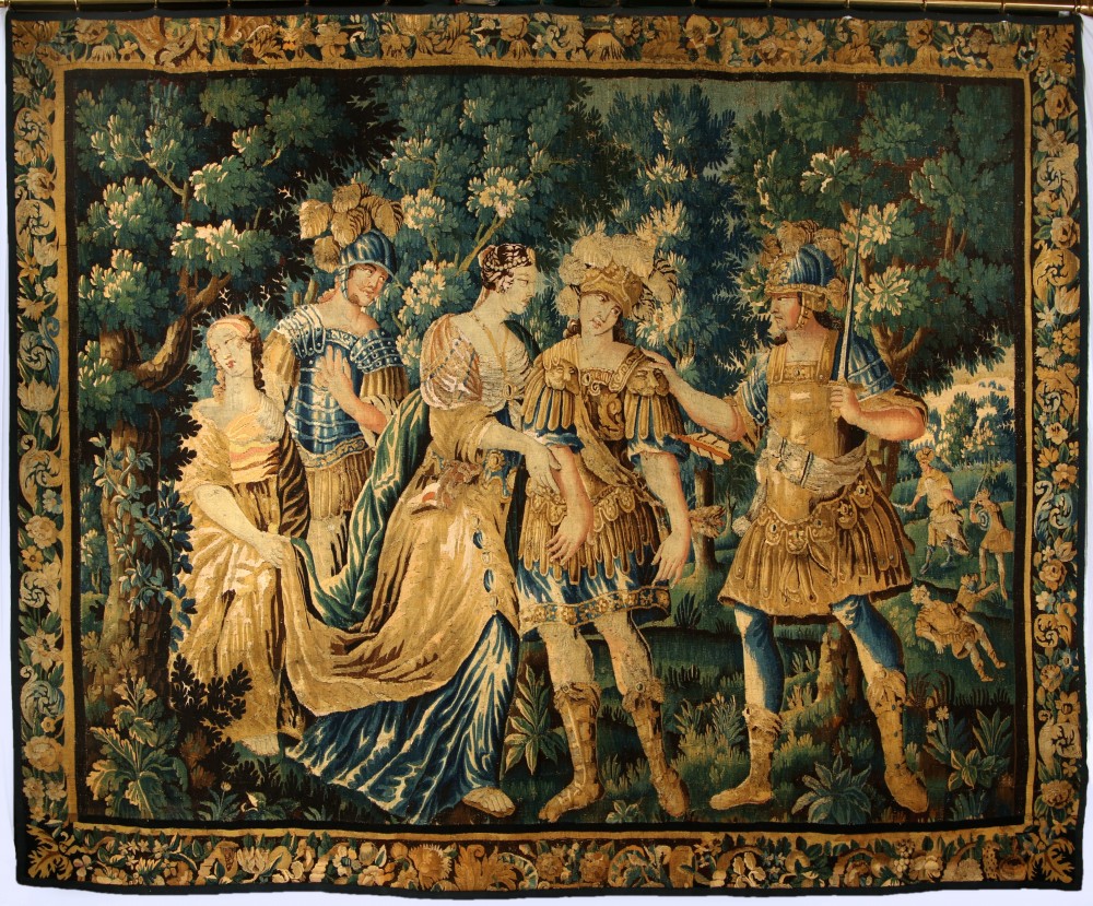 Seventeenth century Brussels wool and silk mythological tapestry, depicting figures in armor and two ladies, all in a wooded landscape. Estimate: $7,000-$12,000. Dirk Soulis Auctions image 