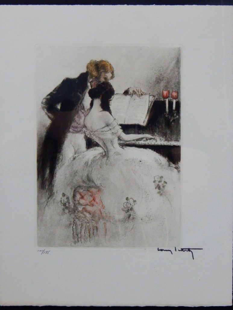 Louis Icart, ‘Sweet Duet,’ original copper plate etching. Image measures 11in x 8 1/2in. Framed 17 3/4in x 15 3/8in. Estimate $500-$600. Don Presley Auction image