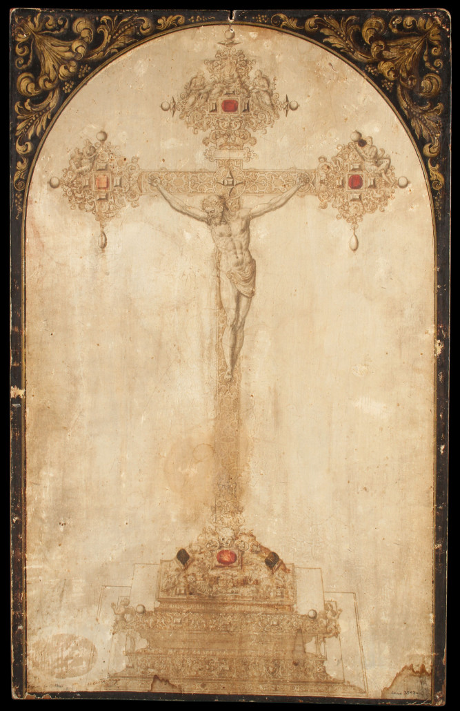 Attributed to Etienne Delaune (French 1518-1595), preparatory drawing for an ornate altar crucifix. Pen, ink and watercolor. Price realized: $63,750. Jackson’s International image 