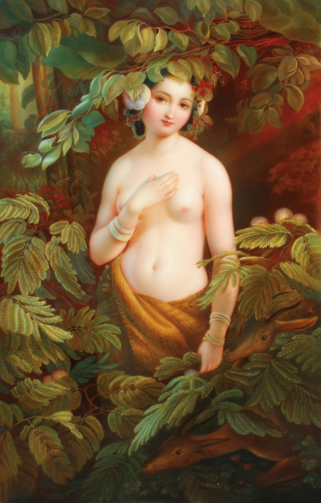 Fine KPM hand-painted porcelain plaque, late 19th century, ‘Eve in the Garden,’ 6 1/4 inches x 9 1/4 inches. Price realized: $6,250. Jackson’s International image