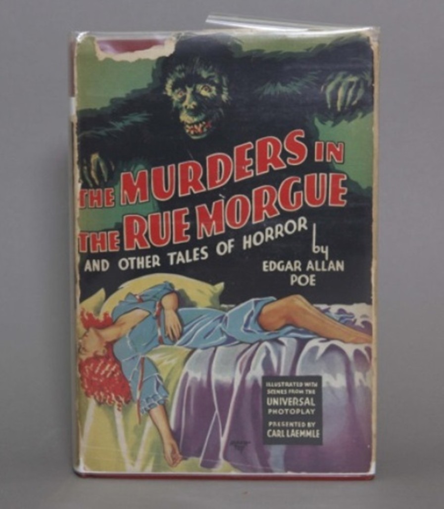 Collection of murder mysteries presented in a Universal Photoplay book, titled ‘The Murders in the Rue Morgue and Other Tales of Mystery,’ est. $300-$500. Waverly Rare Books image