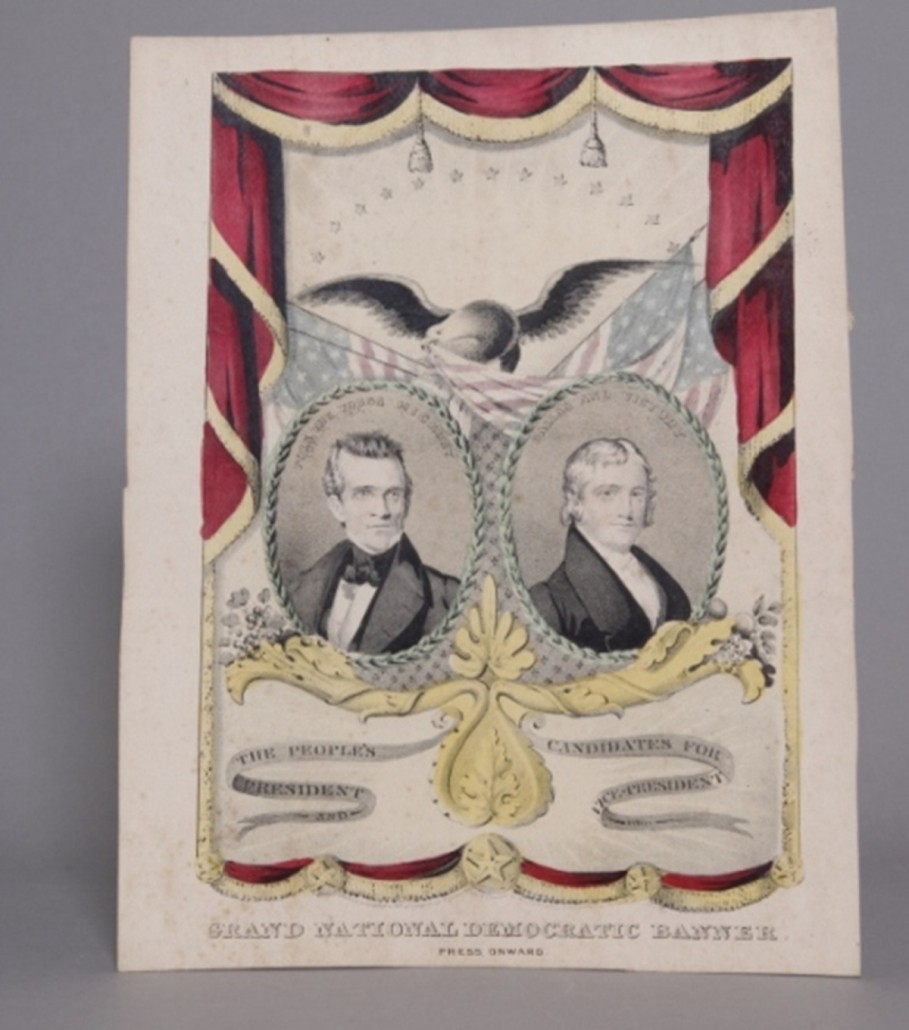 1844 Grand National Democratic banner by Nathaniel Currier, showing portraits of Democratic candidates James Knox Polk and George M. Dallas, est. $300-$400. Waverly Rare Books image