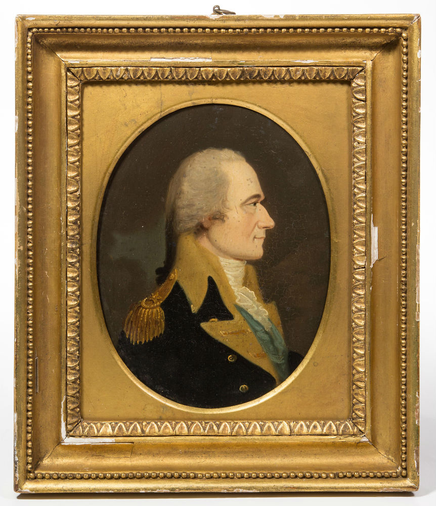 William J. Weaver (British/American, c.1759-1817) oil on poplar panel (9 1/4in x 7 3/8in) portrait (c. 1794-1806) of Alexander Hamilton. Estimate $8,000-$12,000. Jeffrey S. Evans & Associates image 
