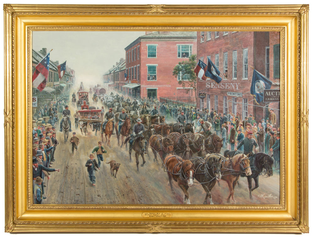 Mort Kunstler (American, b.1931) oil on canvas Civil War historical painting, titled 'Iron Horses / Men of Steel / Winchester, Va. / June 1864,' Estimate: $20,000-$30,000. Jeffrey S. Evans & Associates image