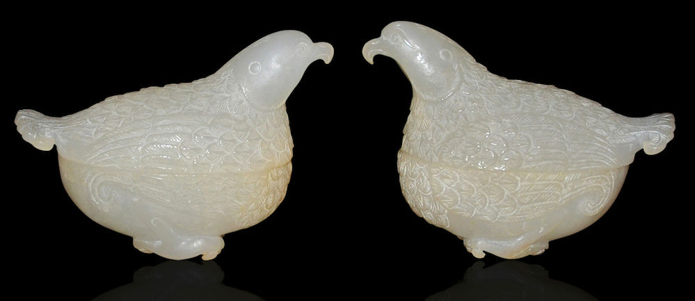 Pair of white jade quail boxes just 2 inches tall and of the Qing Dynasty. Estimate: $40,000-$60,000. Gianguan Auctions image