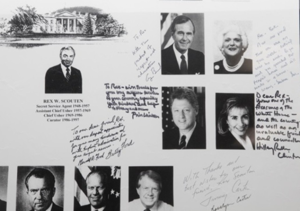 Rex Wayne Scouten’s retirement poster signed by five presidents, from Ford to Clinton, plus six first ladies, with some lengthy inscriptions, est. $2,400-$4,000. Waverly Rare Books image