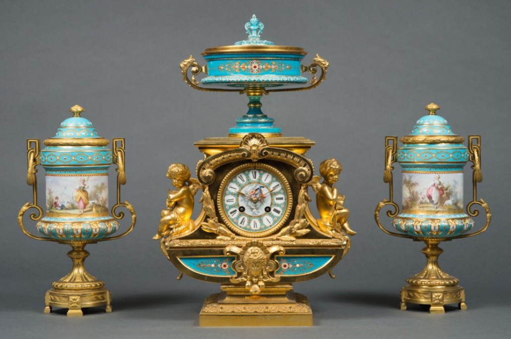 French three-piece gilt bronze mounted and Sevres-style turquoise jeweled clock garniture, circa 1890. Estimate: $15,000-$25,000. Royal Antiques image