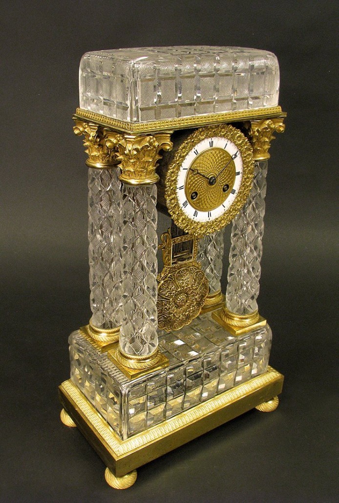 Nineteenth century Baccarat crystal and bronze clock, 18 inches high x 10 1/4 inches wide x 5 3/4 inches deep. Estimate: $8,000-$12,000. Royal Antiques image 