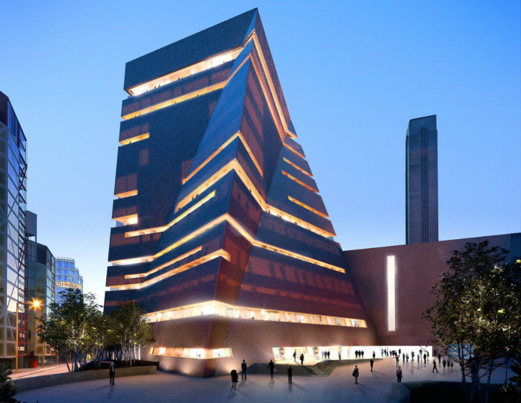 Night view of the exterior of Tate Modern's new Switch House building in London. Image courtesy of Tate Modern