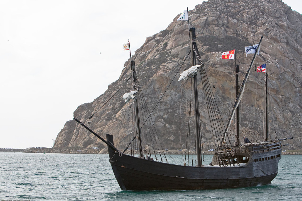 Niña in Morro Bay, California. Built in 1991, the ship is a replica of Columbus' Niña. Image by Mike Baird. This file is licensed under the Creative Commons Attribution 2.0 Generic license.