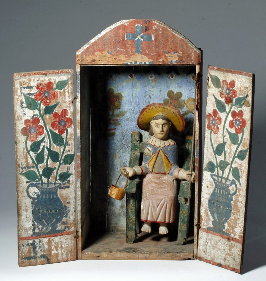 Painted-wood niche with figure of the Holy Child of Atocha, Mexico, circa 1900, ex Morgan collection and Historia Gallery, Santa Monica, Calif., est. $1,000-$1,500. Artemis Gallery image