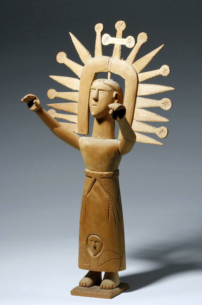 Signed New Mexican carved-wood santo by George Lopez, circa 1970, ex Himrod estate, Anaheim, Calif., est. $1,500-$2,500. Artemis Gallery image