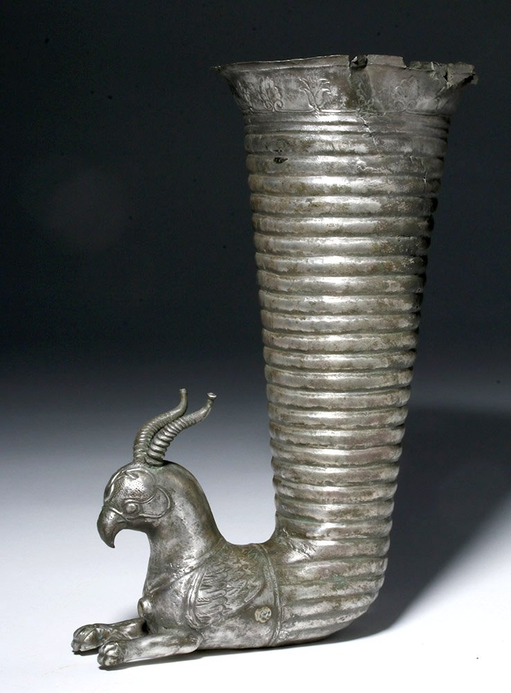 Archaemenid Empire (Persia, fifth century) silver rhyton, or drinking horn, depicting a mythical beast, ex Estate of Julien Hovsepian, est. $12,000-$15,000. Artemis Gallery image
