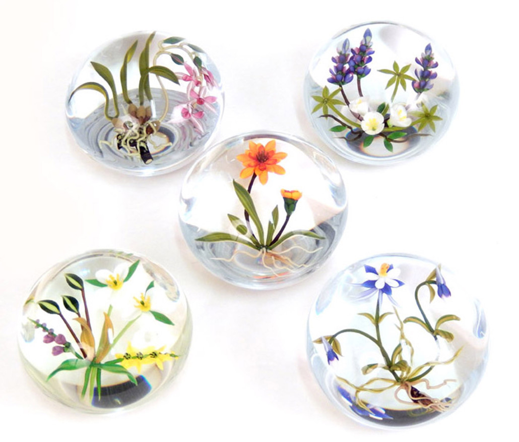 Five paperweights designed by Chris Buzzini 