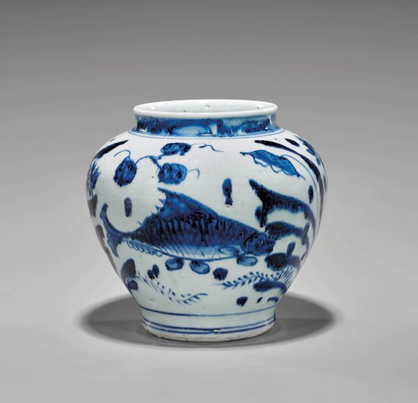 Rare 14th Century Chinese Yuan Dynasty, blue and white porcelain jar. Estimate: $12,000-$18,000. I.M. Chait image 