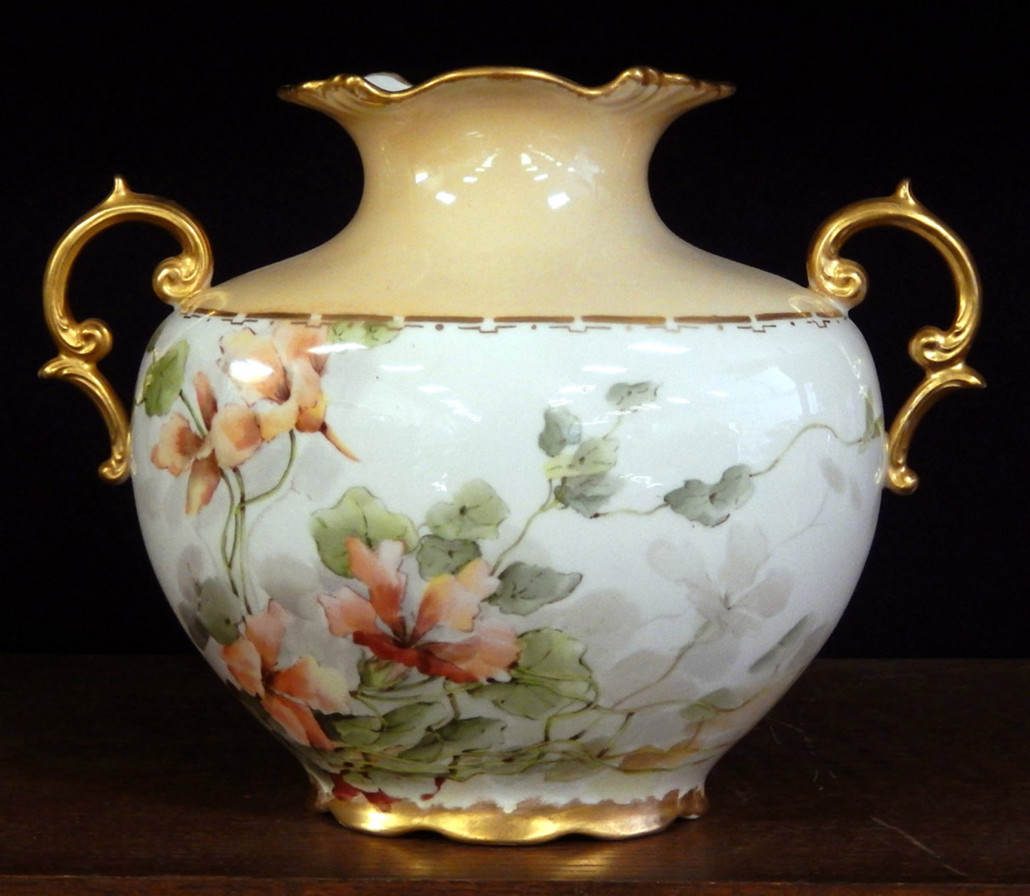 Circa-1900 Willets Belleek hand-painted and gilded double-handle vase
