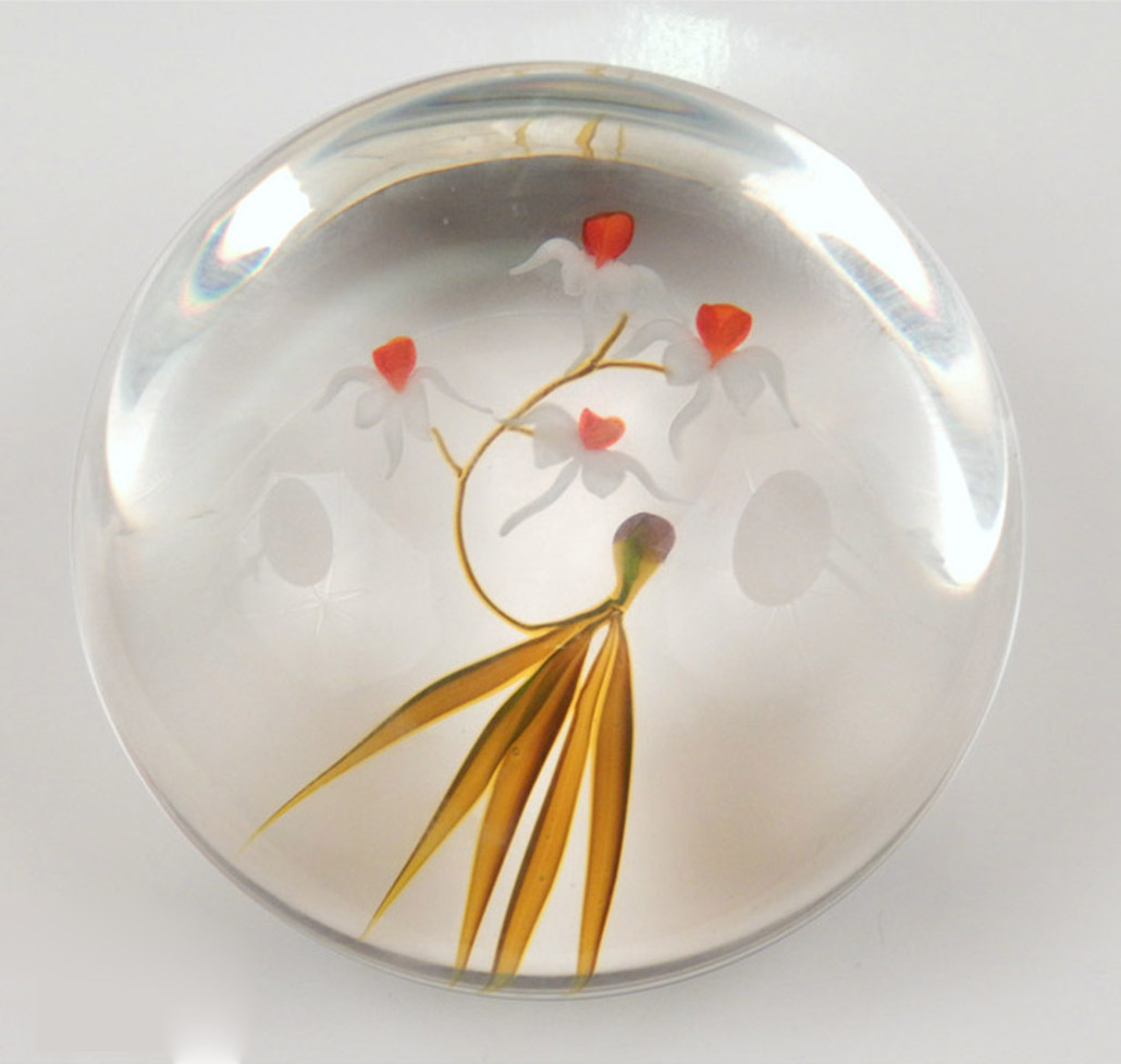 Paperweight with orchid motif designed by Paul J. Stankard