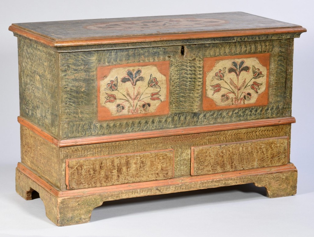This paint-decorated child’s blanket chest is dated 1800 and is likely the work of the so-called ‘Scraggly Artist,’ working in the Montgomery-Berks County, Pennsylvania area. Estimate: $24,000-$28,000. Case Antiques image