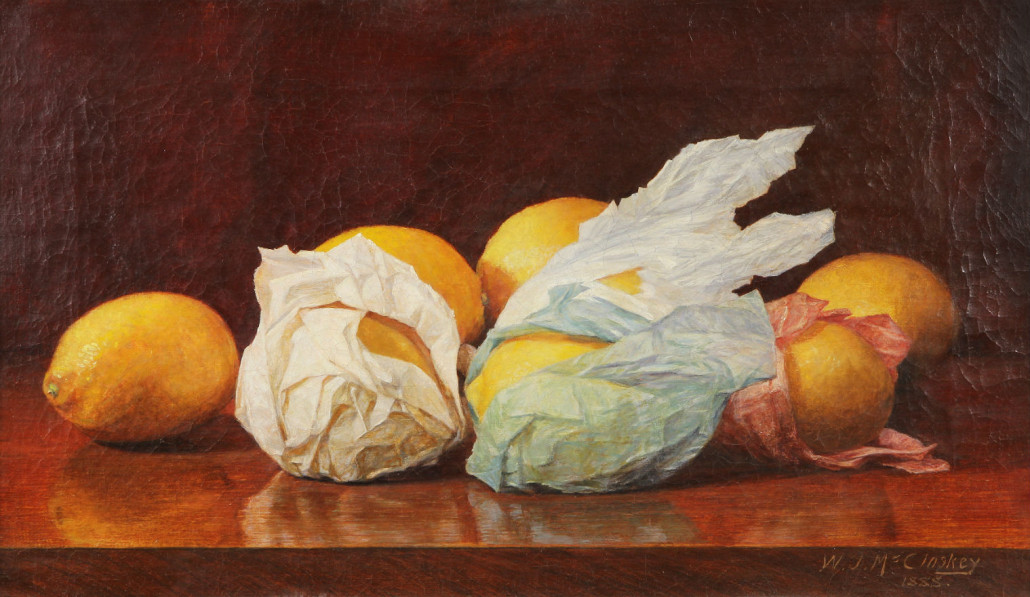 This painting by William McCloskey (American, 1859-1941) titled ‘Wrapped in Lemons on a Tabletop,’ more than doubled the high estimate when it sold for $216,000. Clars Auction Gallery image