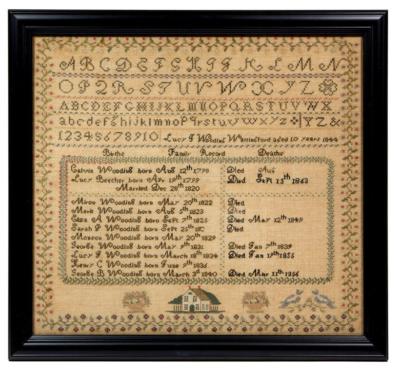 Fine 1844 Wooding family record sampler, Wallingford, Conn, one of numerous samplers. Jeffrey S. Evans & Associates image
