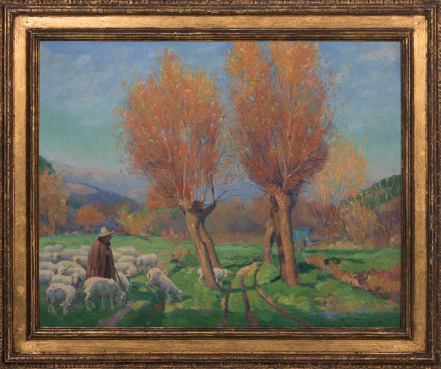 Lot 13 - Abel Warshawsky, (1883-1962), 'Shepherd with Flock,' oil. Gray's image