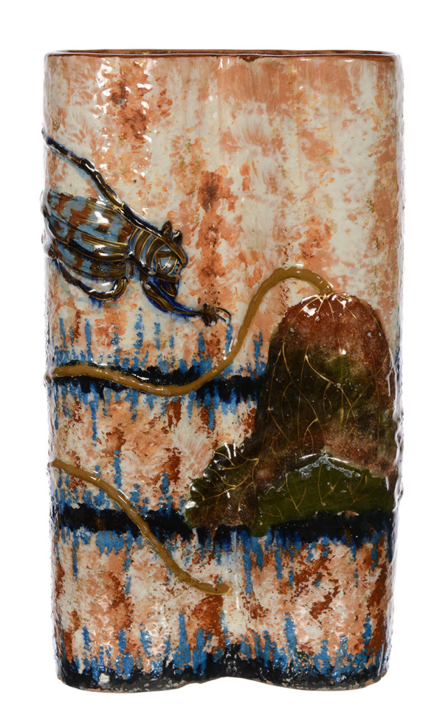Galle French art pottery vase, large blossom décor with large applied insect, 9 1/4 inches tall. Woody Auction image