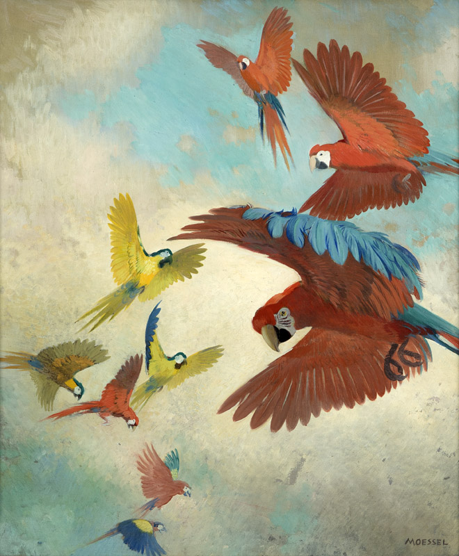 This colorful view of parrots in flight by Julius Moessel (Chicago, 1871-1957) is offered at Moran’s first Studio Auction with an $800 to $1,200 estimate. John Moran Auctioneers image