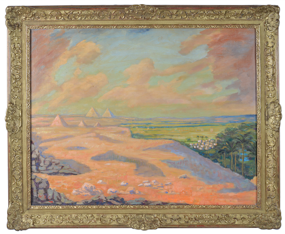 Sir Winston Churchill, O.M., R.A. (1874-1965), The Giza Pyramids at Cairo, oil on canvas, signed with initials, 27½ by 35 3/8-inch, auction estimate $520,000-$780,000. Image courtesy Boningtons Fine Art Auctioneers