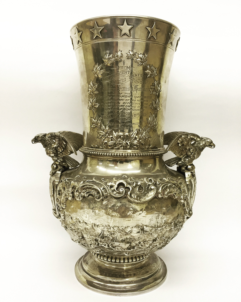 Moore & Leding sterling silver vase inscribed and presented in 1895 by President Grover Cleveland to British Capt. Amos Hawkett in recognition of his rescue of two American ships’ crews, auction estimate $3,900-$6,500