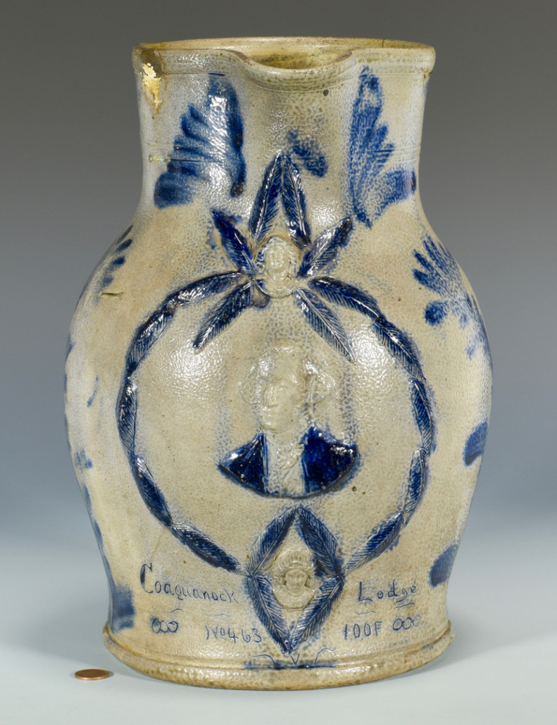 A Masonic presentation pitcher with cameo decoration of George Washington is attributed to potter Richard Clinton Remmey of Philadelphia, and estimated at $8,000-$12,000. Case Antiques image  