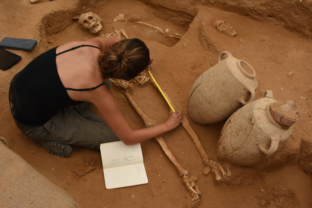 A member of the physical anthropology team, Rachel Kalisher, measures a 10th-9th century B.C. skeleton. Copyright The Leon Levy Expedition to Ashkelon