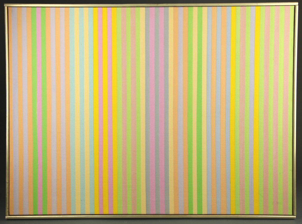 Gene Davis (Washington, D.C., 1920-1985), Untitled, 1972, 22 x 30 1/8 inches (sight), acrylic on canvas, inscribed, signed, and dated on verso, est. $15,000-$20,000