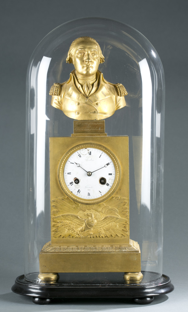 George Washington memorial mantel clock with glass dome, French, first quarter of 19th century, porcelain face with Roman numeral indicators, marked ‘Isidore Grenot, Edidit,’ est. $5,000-$7,000