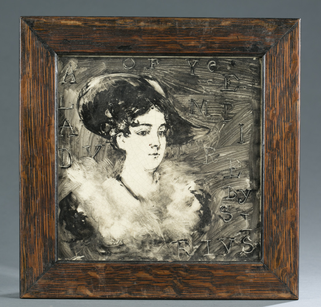 Charles Stanley Reinhart (American, 1844-1896), ‘A Lady of Ye Empire By S I Rivis,’ circa 1880, portrait on hand-painted Wedgwood tile, artist-signed on verso, est. $1,500-$2,500