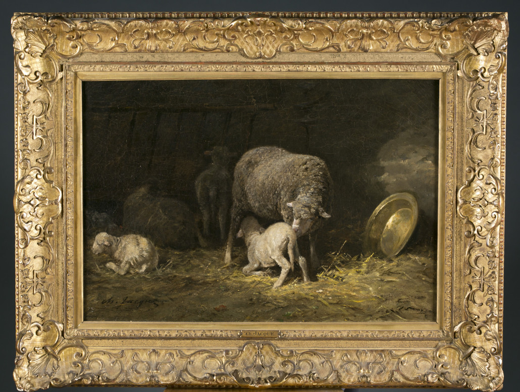 Charles Emile Jacque, (French, 1813-1894), ‘Lamb Nursing,’ oil-on-canvas, 18 ½ x 26 3/8 inches (sight), est. $5,000-$7,000