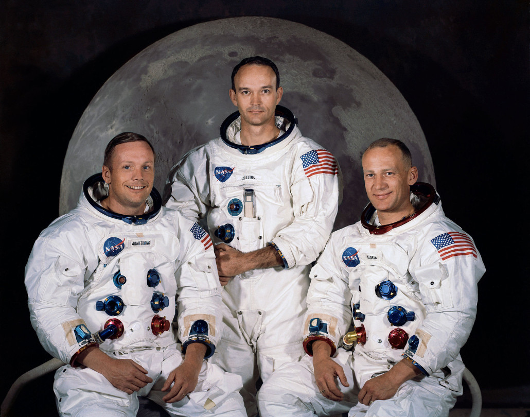 The Apollo 11 lunar landing mission crew, pictured from left , Neil A. Armstrong, commander; Michael Collins, command module pilot; and Edwin E. Aldrin Jr., lunar module pilot. NASA image courtesy of Wikimedia Commons