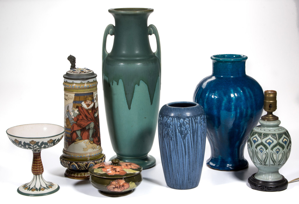 A sampling of the American and European art pottery to be sold at the auction. Jeffrey S. Evans & Associates image